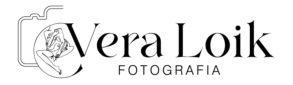 Logotipo da Vera Loik Fotografia em preto com ícone de câmera fotográfica e silhueta feminina em traços finos.